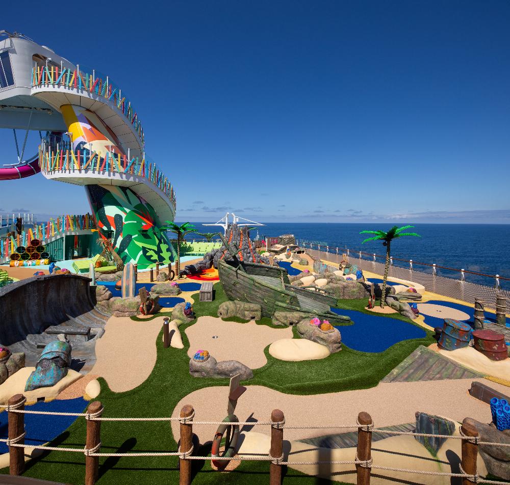 Lost Dunes mini-golf course on the top deck with shipwreck, palms and ocean views