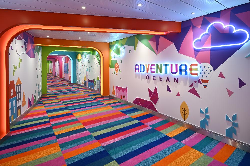 Brightly coloured Adventure Ocean kids club entrance corridor