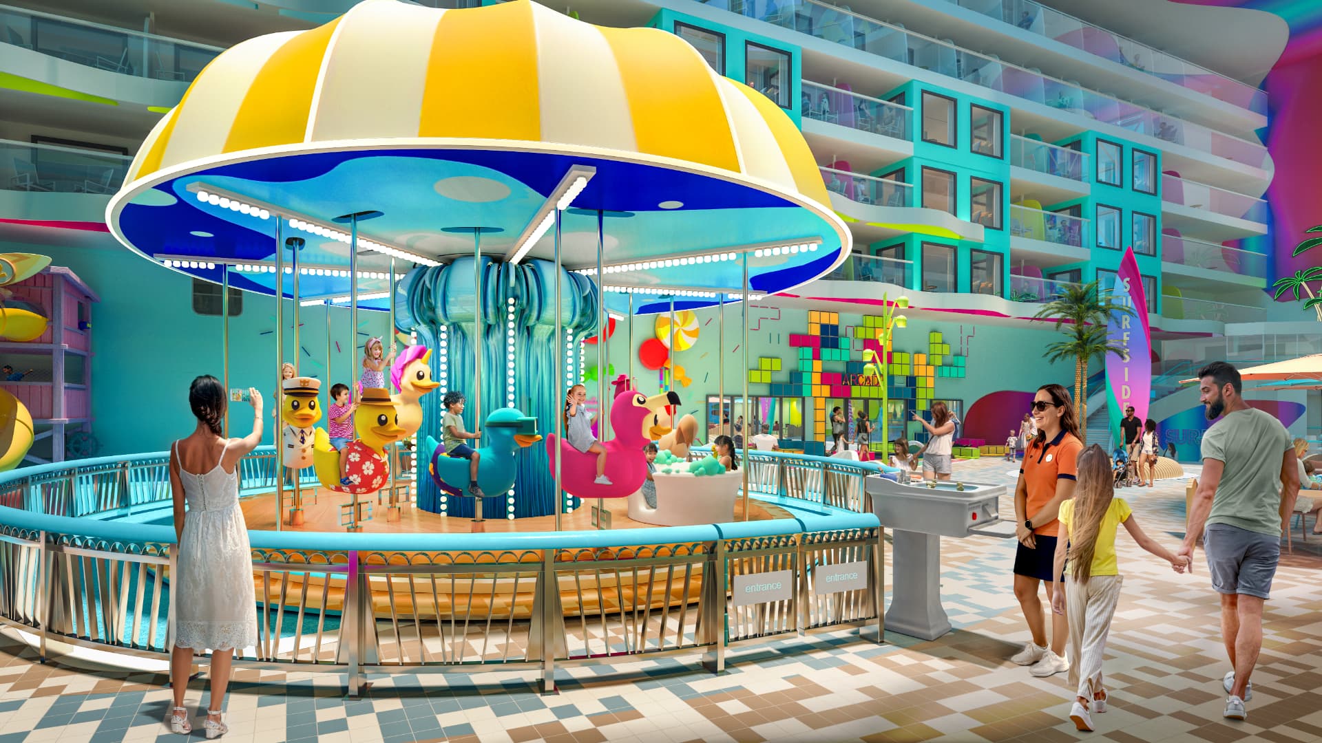 Family-friendly Surfside neighbourhood with a duck carousel, arcade and beach-themed shops