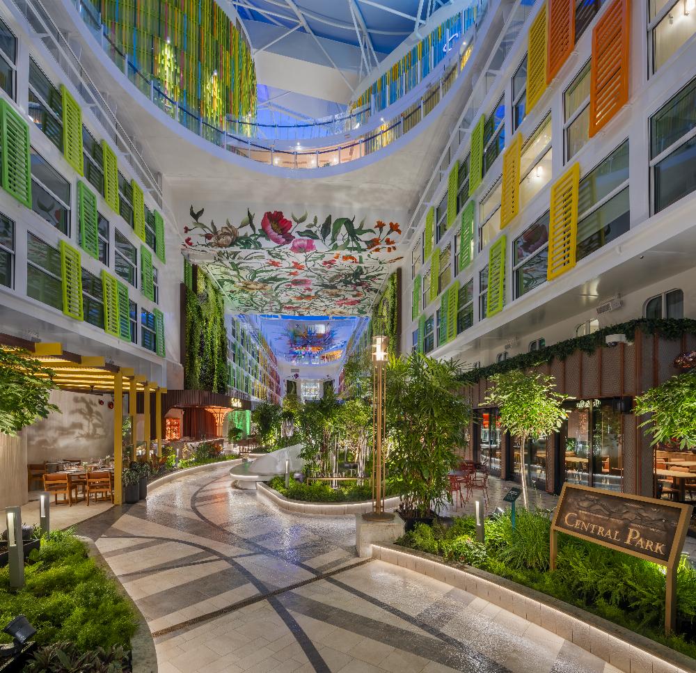 Central Park neighbourhood with living gardens, restaurants and colourful shuttered balconies